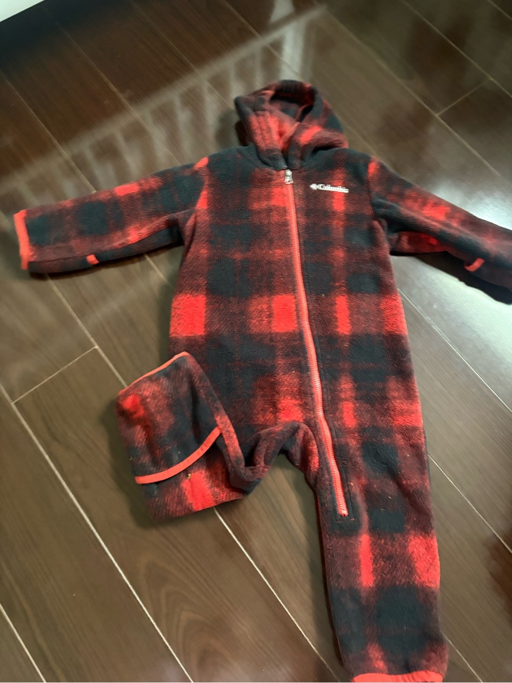 Columbia Red and Black Plaid Fleece Hooded Kids One-Piece